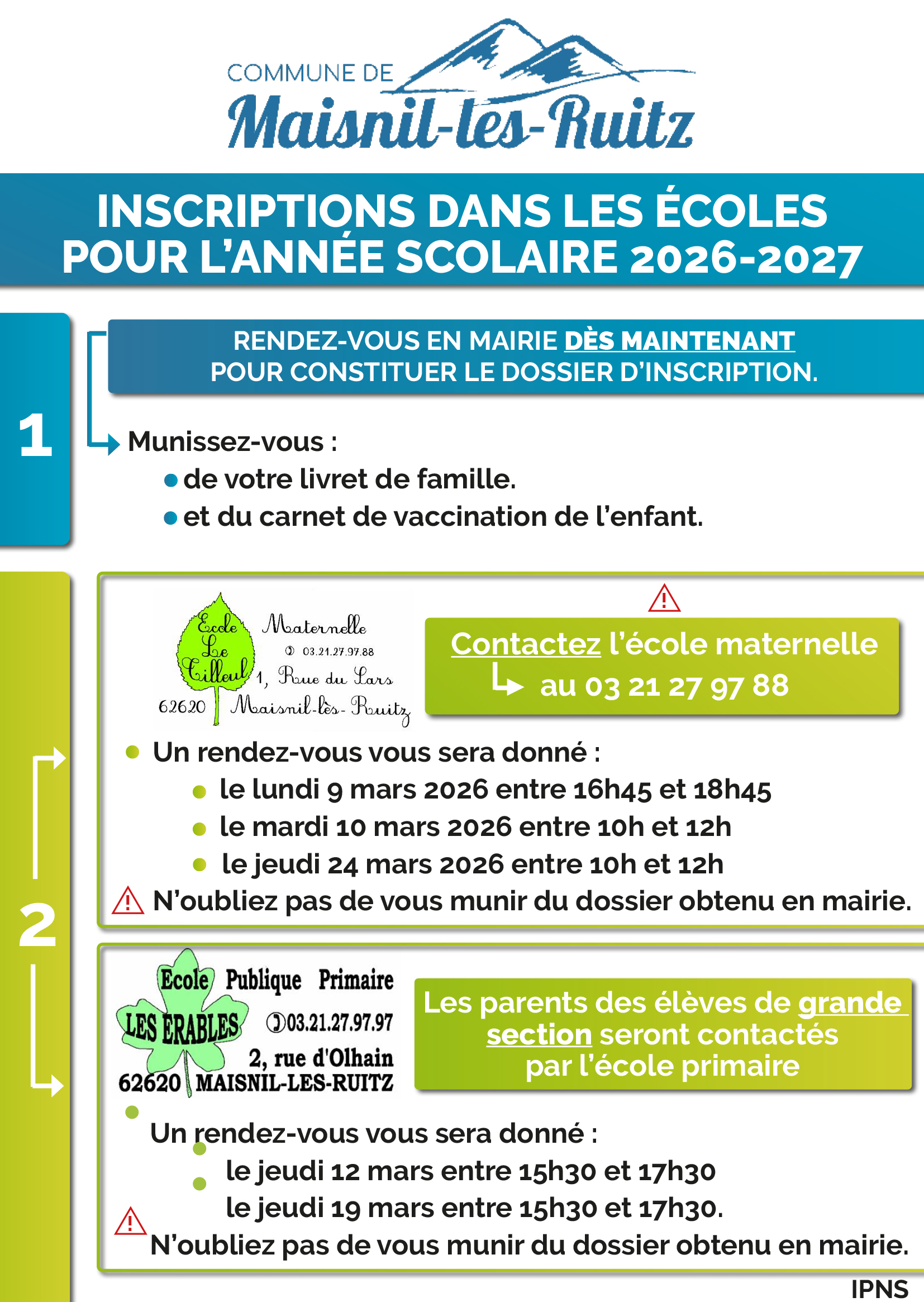 Inscriptions dans les écoles : rentrée scolaire septembre 2026